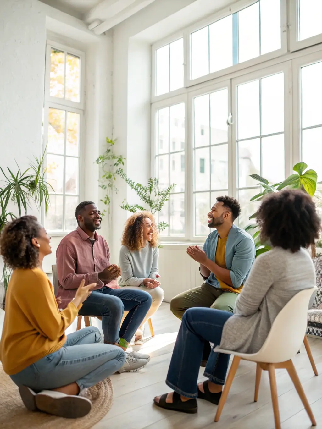 A group therapy session in a bright and welcoming room, where clients share their experiences and support each other on their recovery journey.