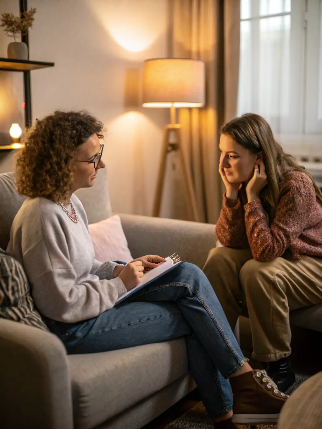 A comfortable, private recovery room with a counselor engaging with a client, providing personalized support and guidance during their recovery journey.