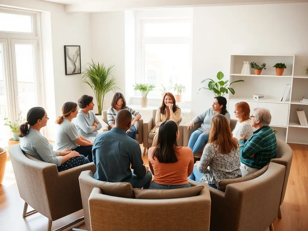 A modern rehabilitation facility with clients participating in group therapy, emphasizing the supportive environment and professional guidance.