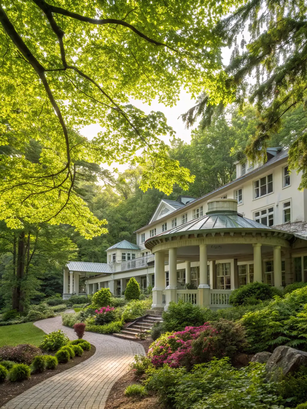 A serene rehabilitation center with therapy rooms and outdoor spaces for clients, promoting healing and recovery in a peaceful environment.