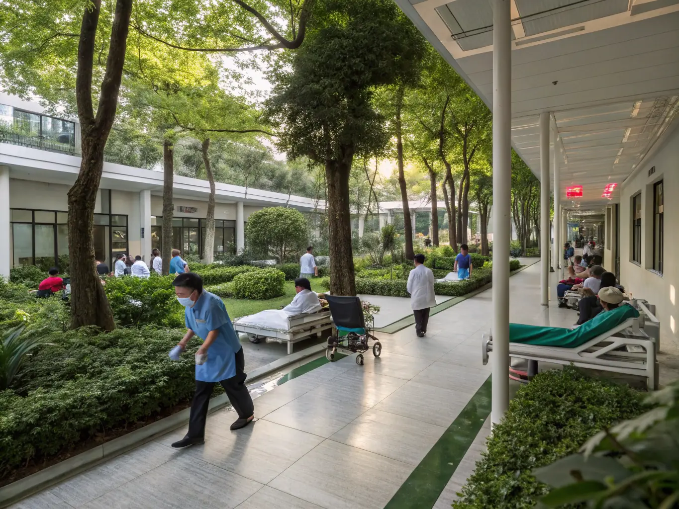 A serene rehabilitation center with therapy rooms and outdoor spaces for clients, promoting healing and well-being.