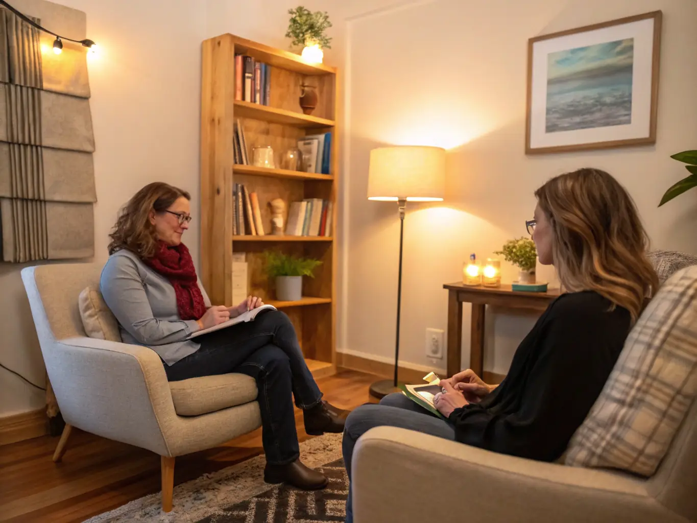 A comfortable, private recovery room with a counselor engaging with a client, providing personalized support and guidance.