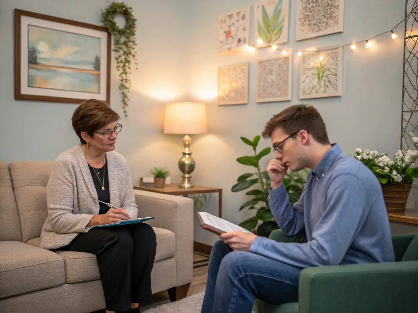 A compassionate counselor conducting an initial assessment with a new client in a comfortable office setting, focusing on understanding their needs and history.