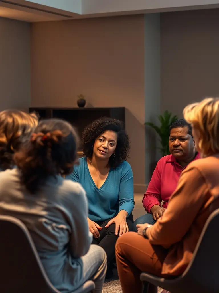 A group therapy session at a rehabilitation facility, highlighting the community and support available through Betterman's partner facilities.