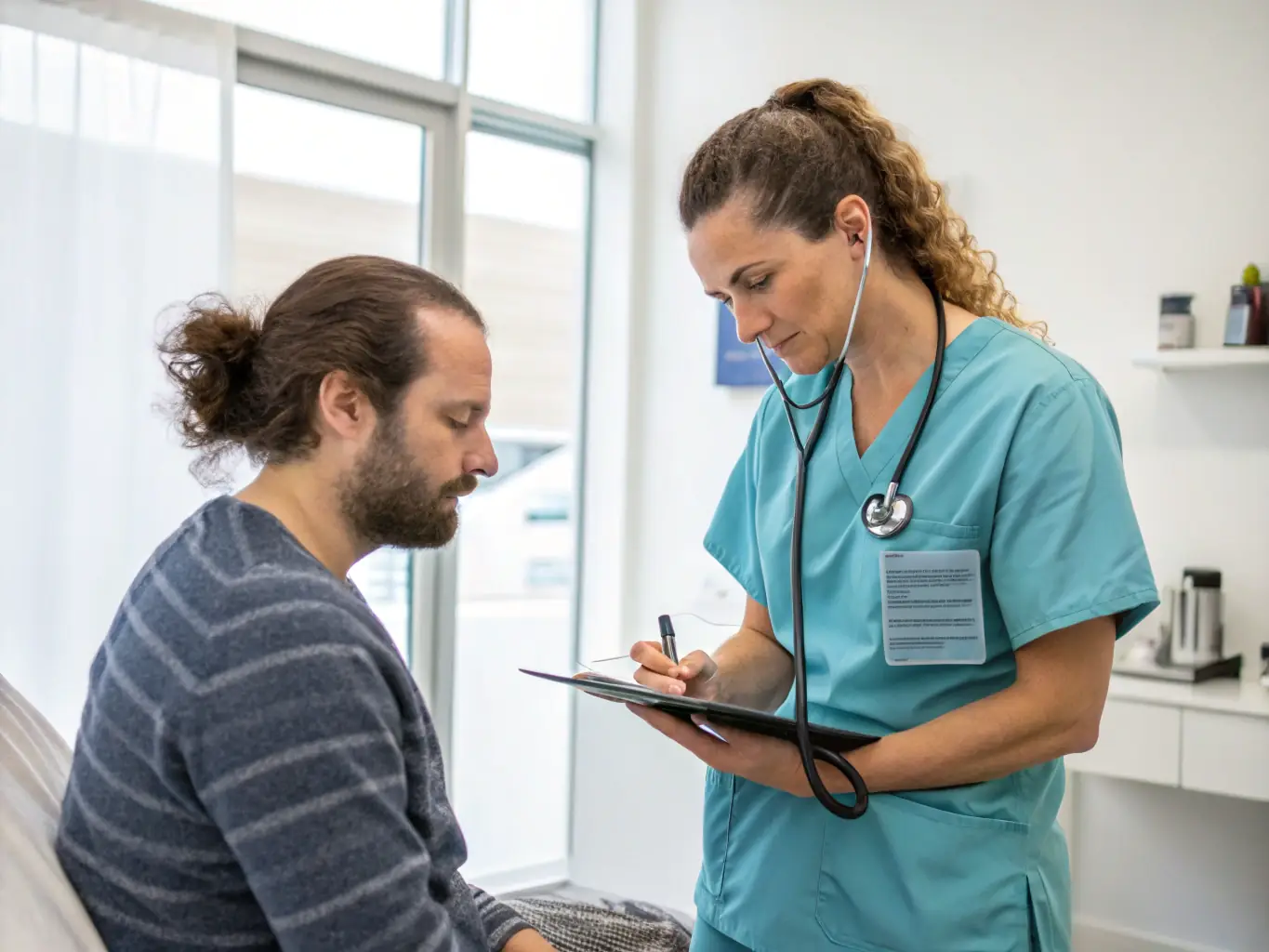 A caring medical team monitoring a patient during detox in a modern, comfortable facility, ensuring their safety and comfort.